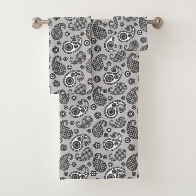 Paisley Pattern, Grey, Black and White   Bath Towel Set (Insitu)