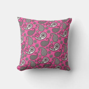 Paisley Pattern, Grey on Fuchsia Pink Throw Pillow
