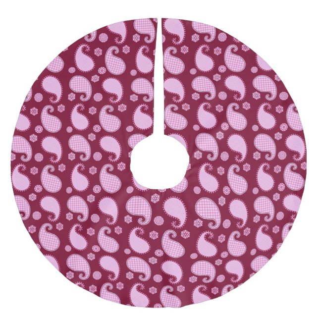 Paisley pattern, ice pink and burgundy brushed polyester tree skirt (Front)