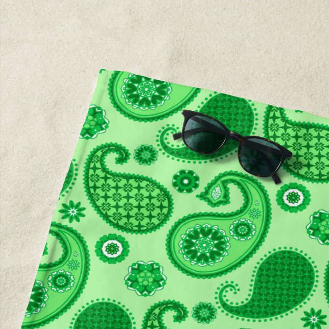 Paisley Pattern, Jade and Emerald Green Beach Towel (In Situ)