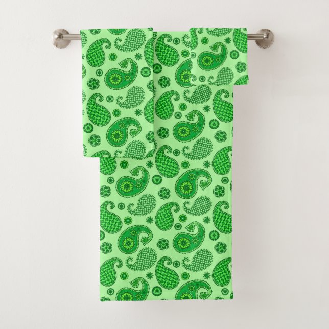 Paisley Pattern, Lime and Emerald Green Bath Towel Set (Insitu)