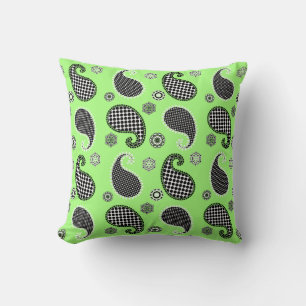 Paisley pattern, lime green, black and white cushion