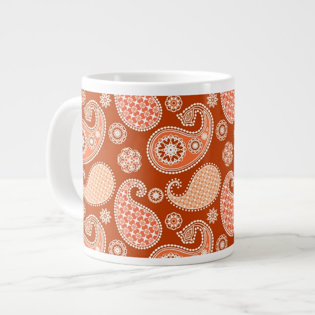 Paisley pattern, Mandarin Orange and White Large Coffee Mug (Front Left)
