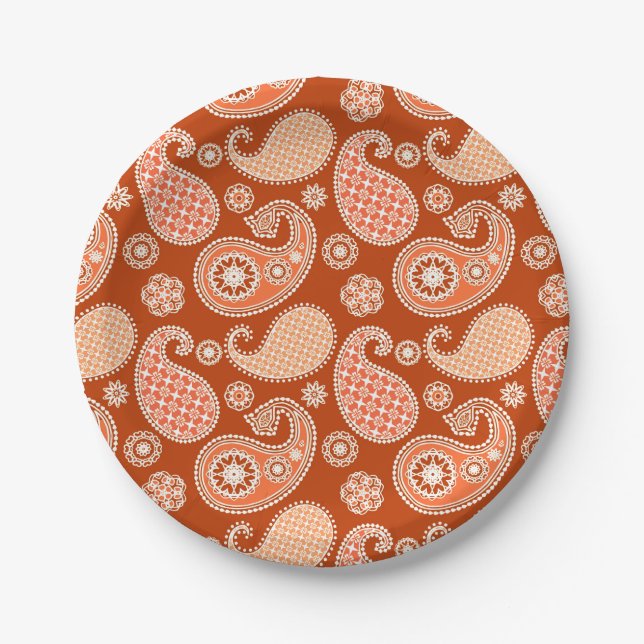 Paisley pattern, Mandarin Orange and White Paper Plate (Front)