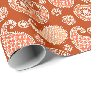 Paisley pattern, Mandarin Orange and White Wrapping Paper