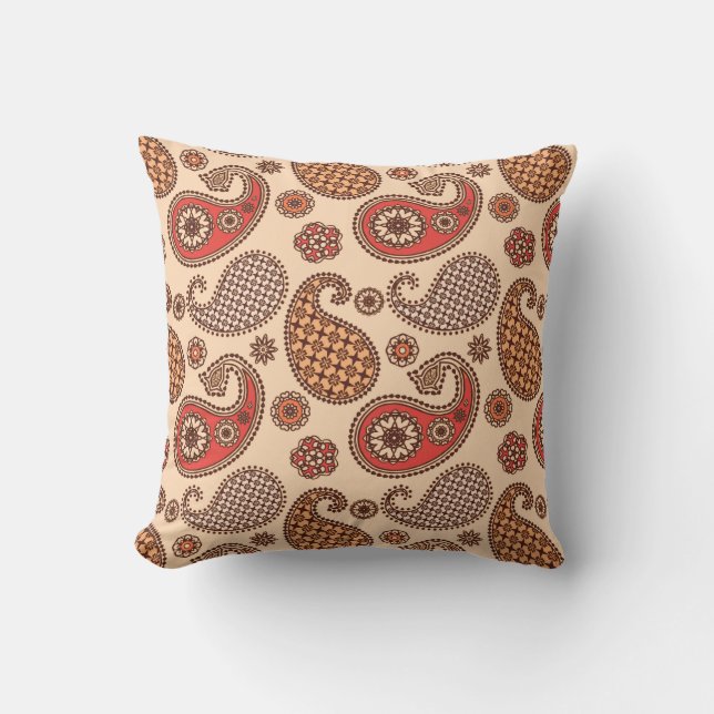 Paisley pattern, peach and coral pink cushion (Front)