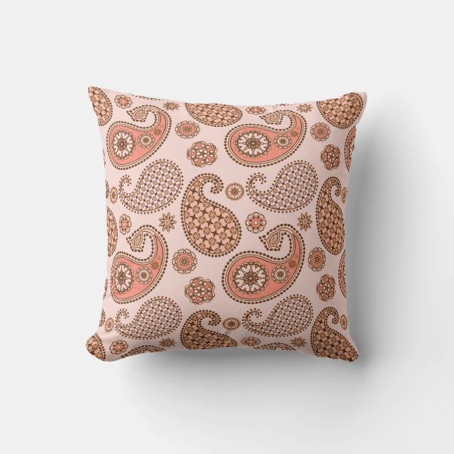 Paisley pattern, peach and coral pink cushion (Front)