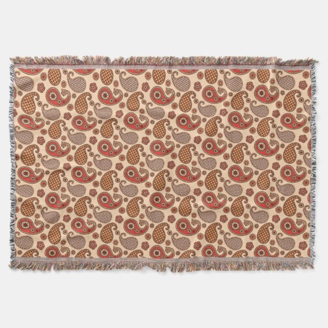 Paisley pattern, peach and coral pink throw blanket (Front)