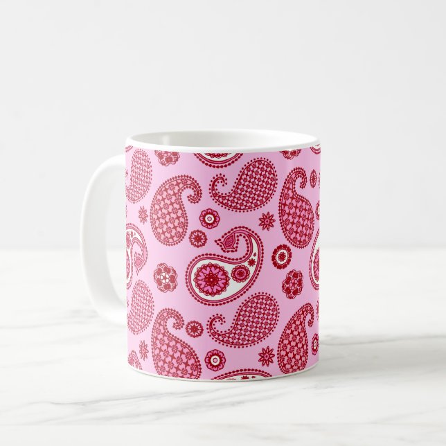 Paisley Pattern, Peppermint Pink and White Coffee Mug (Front Left)
