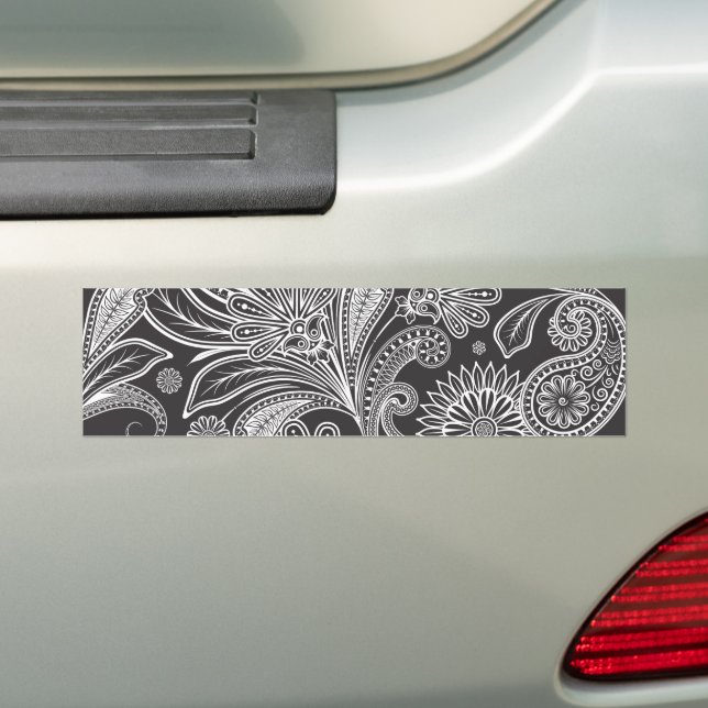 Paisley Pattern, Persian Paisley, Black and White Bumper Sticker (On Car)