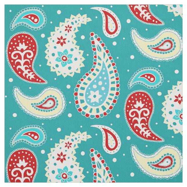 Paisley Pattern Red Yellow Teal Fabric (Swatch)
