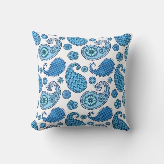 Paisley pattern, shades of blue on white cushion (Front)