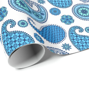 Paisley pattern, shades of blue on white wrapping paper