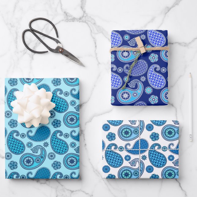 Paisley Pattern, Shades of Blue Wrapping Paper Sheet (Front)