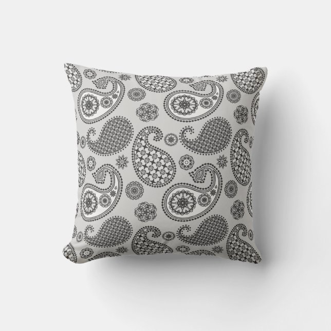 Paisley pattern, shades of grey, black and white cushion (Front)