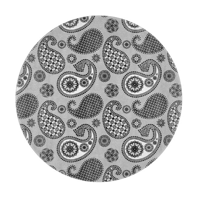 Paisley pattern, shades of grey, black and white cutting board (Front)
