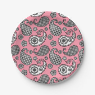 Paisley pattern, shades of grey on pink paper plate