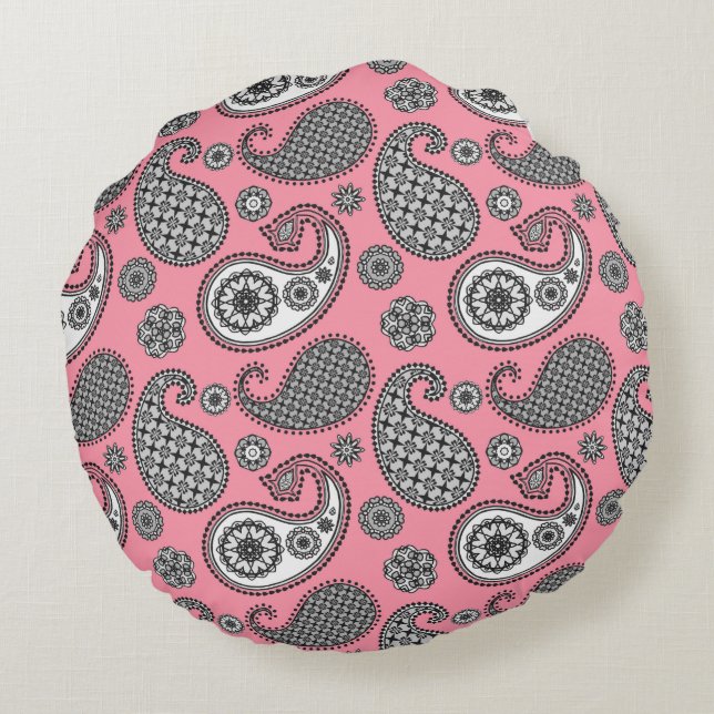 Paisley pattern, shades of grey on pink round cushion (Back)