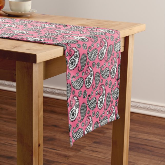 Paisley pattern, shades of grey on pink short table runner (In Situ)