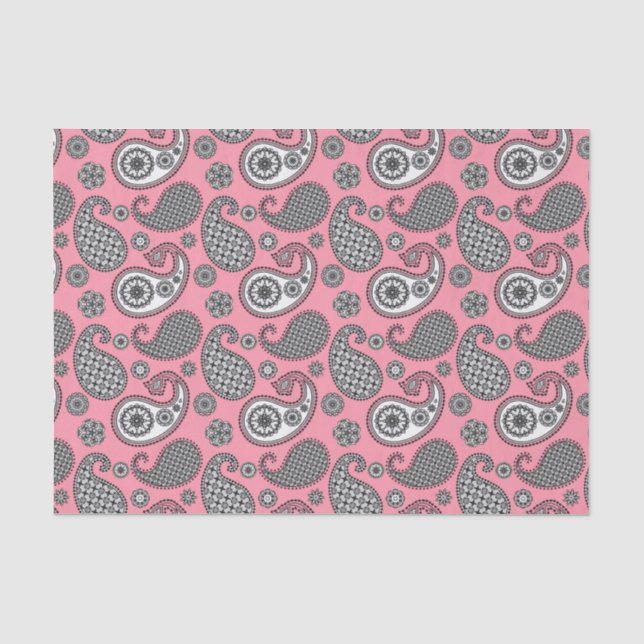 Paisley pattern, shades of grey on pink tissue paper (Front)