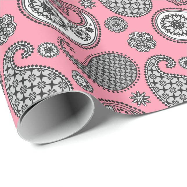 Paisley pattern, shades of grey on pink wrapping paper (Roll Corner)