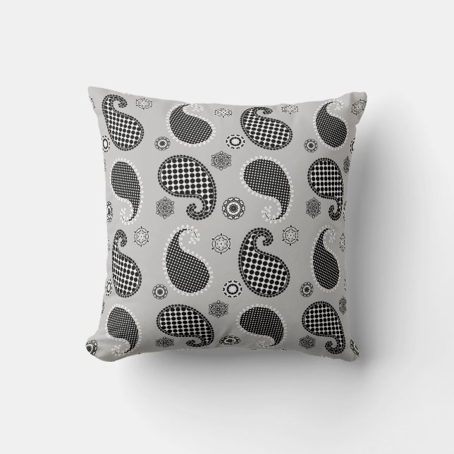 Paisley pattern, silver grey, black and white cushion (Front)