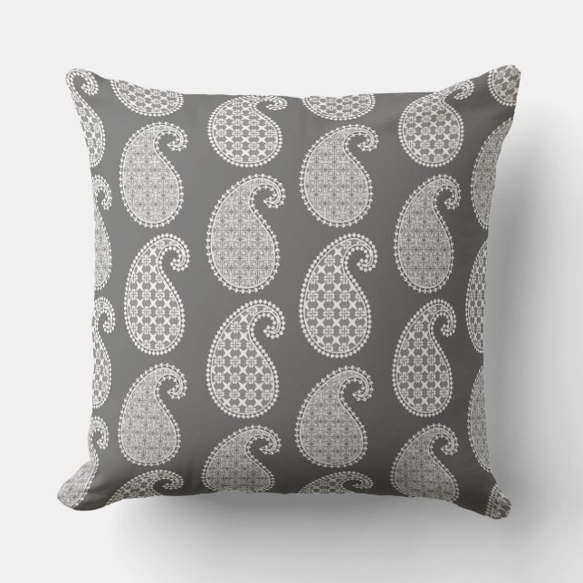 Paisley pattern, silver grey / grey and white outdoor cushion (Front)