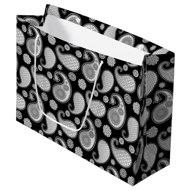 Paisley pattern, Silver Grey / Grey on Black Large Gift Bag (Front Angled)