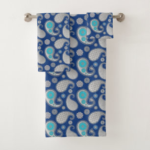 Paisley pattern, Silver Grey / Grey on Cobalt Blue Bath Towel Set