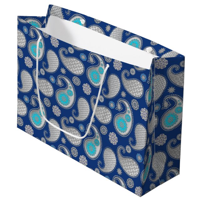 Paisley pattern, Silver Grey / Grey on Cobalt Blue Large Gift Bag (Front Angled)