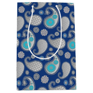 Paisley pattern, Silver Grey / Grey on Cobalt Blue Medium Gift Bag
