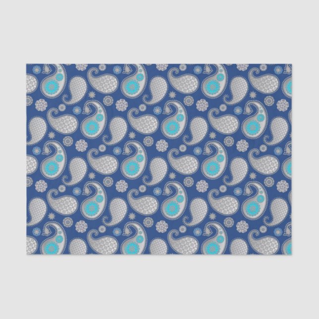 Paisley pattern, Silver Grey / Grey on Cobalt Blue Tissue Paper (Front)