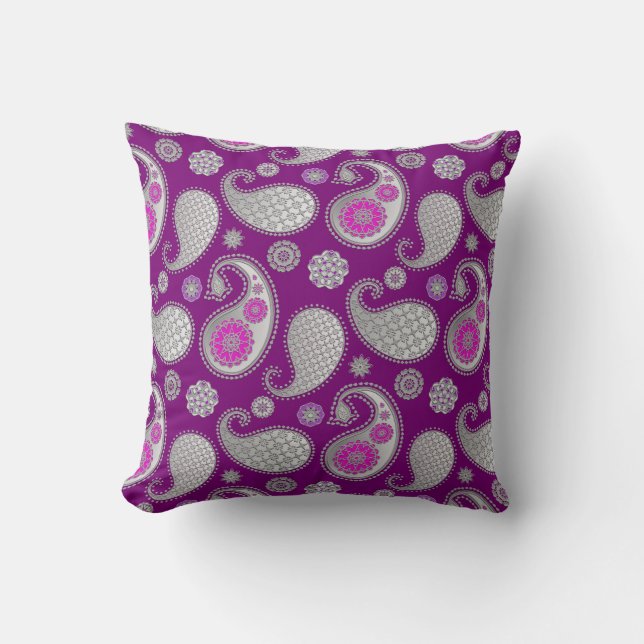Paisley pattern, Silver Grey / Grey on Deep Purple Cushion (Front)