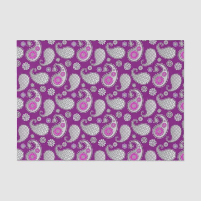 Paisley pattern, Silver Grey / Grey on Deep Purple Tissue Paper (Front)