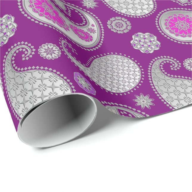 Paisley pattern, Silver Grey / Grey on Deep Purple Wrapping Paper (Roll Corner)