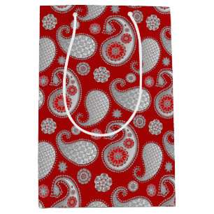 Paisley pattern, Silver Grey / Grey on Deep Red Medium Gift Bag