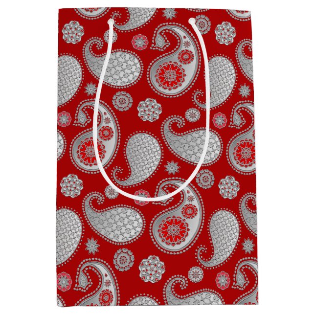 Paisley pattern, Silver Grey / Grey on Deep Red Medium Gift Bag (Front)