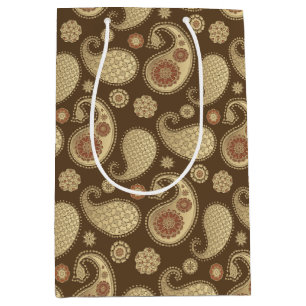 Paisley pattern, Soft Gold on Chocolate Brown Medium Gift Bag