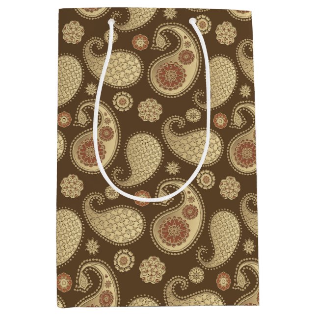 Paisley pattern, Soft Gold on Chocolate Brown Medium Gift Bag (Front)