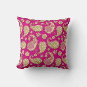 Paisley pattern, Soft Gold on Deep Fuchsia Pink Cushion