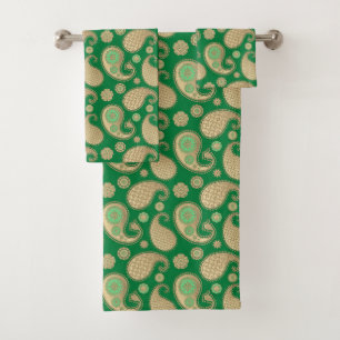 Paisley pattern, Soft Gold on Emerald Green Bath Towel Set
