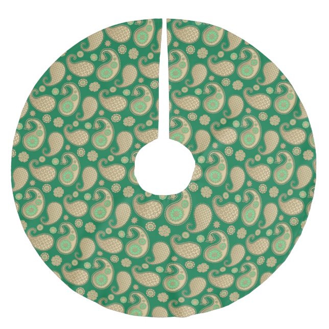 Paisley pattern, Soft Gold on Emerald Green Brushed Polyester Tree Skirt (Front)