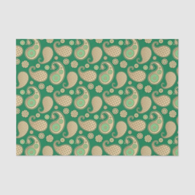 Paisley pattern, Soft Gold on Emerald Green Tissue Paper (Front)