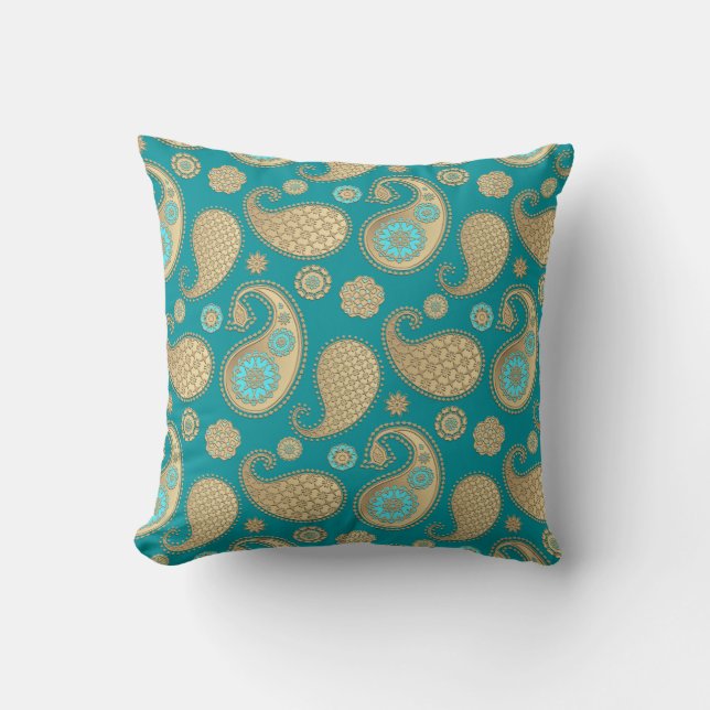 Paisley pattern, Soft Gold on Turquoise Cushion (Front)