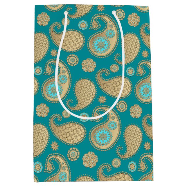 Paisley pattern, Soft Gold on Turquoise Medium Gift Bag (Front)