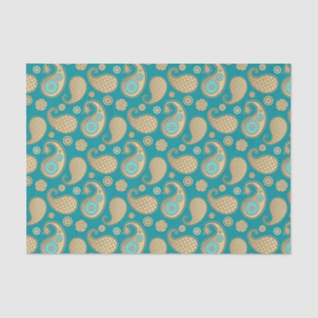Paisley pattern, Soft Gold on Turquoise Tissue Paper (Front)