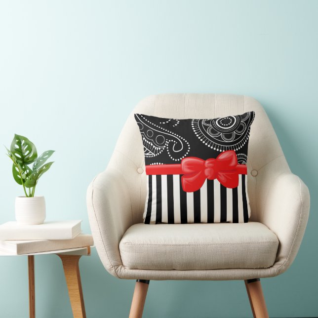Paisley Pattern, Stripes, Lines, Black and White Cushion (Chair)