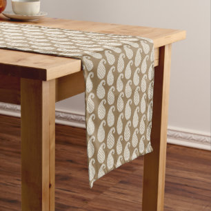 Paisley pattern, taupe tan and white short table runner