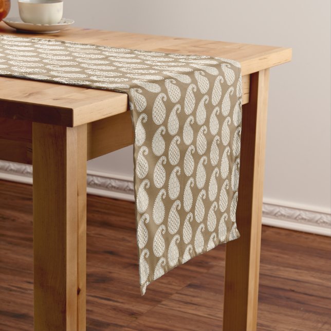 Paisley pattern, taupe tan and white short table runner (In Situ)