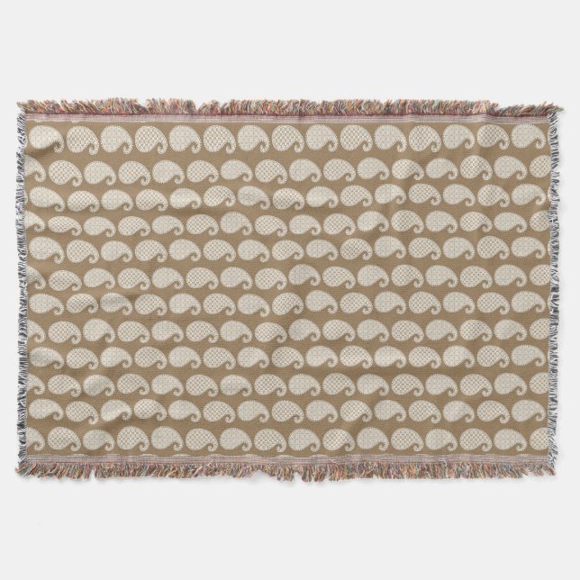 Paisley pattern, taupe tan and white throw blanket (Front)